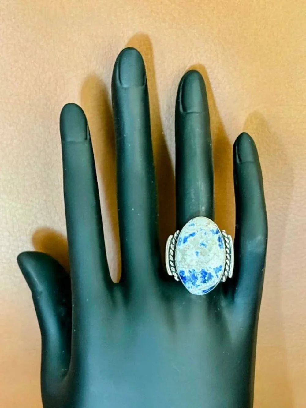 Blue and White Sodalite Oval Stone Statement Ring 925 Silver Plated - Size 8